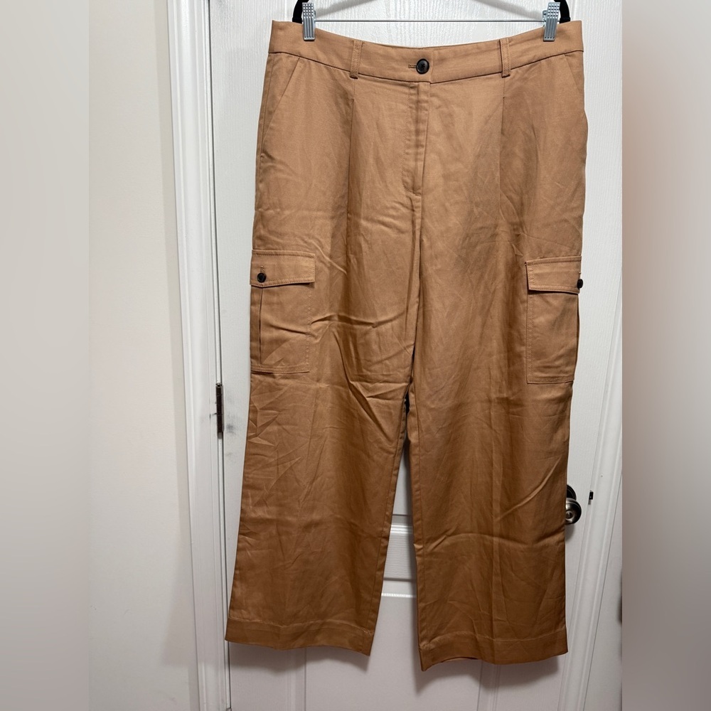 Ann Taylor LOFT Linen Drape Cargo Pants Women’s‎ 14 Camel Wide Leg high rise NWT